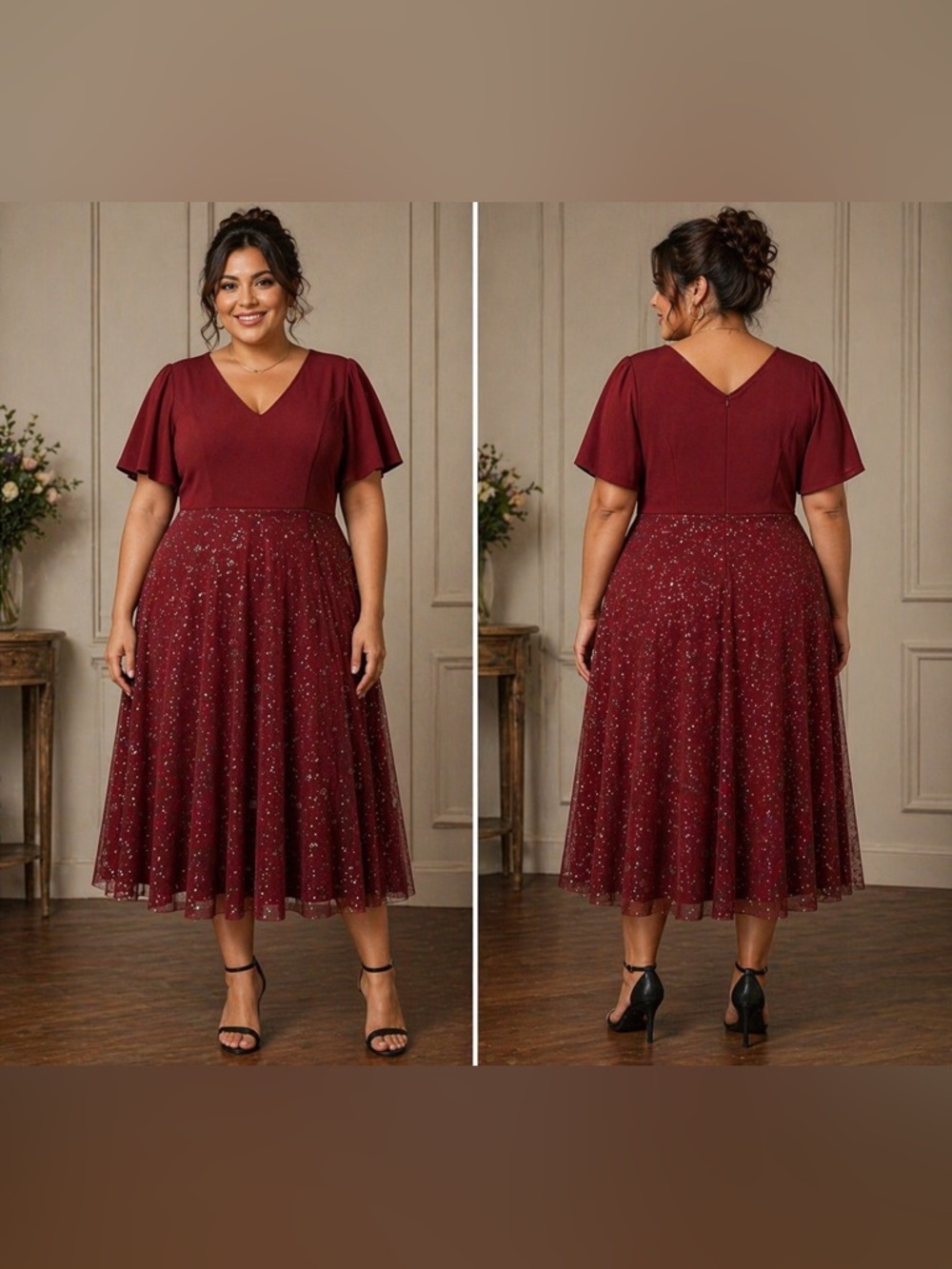 Elegant Burgundy Midi Dress XXL
